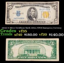 1934A $5 Silver Certificate North Africa WWII Emergency Currency Grades vf++