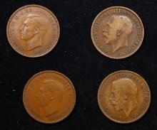 Group of 4 Coins, Great Britain Pennies, 1916, 1918, 1938, 1946 .