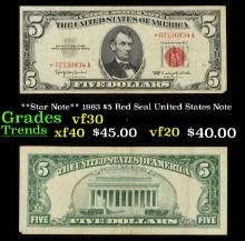 **Star Note** 1963 $5 Red Seal United States Note Grades vf++