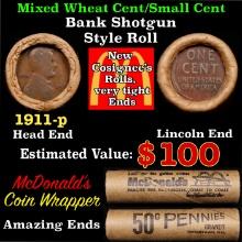 Lincoln Wheat Cent 1c Mixed Roll Orig Brandt McDonalds Wrapper, 1911-p end, Wheat other end