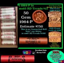 THIS AUCTION ONLY! BU Shotgun Lincoln 1c roll, 1964-p 50 pcs Plus one bonus random date BU roll! Ban