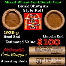 Lincoln Wheat Cent 1c Mixed Roll Orig Brandt McDonalds Wrapper, 1939-p end, Wheat other end