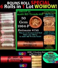 THIS AUCTION ONLY! BU Shotgun Lincoln 1c roll, 1964-p 50 pcs Plus FIVE bonus random date BU roll! Ba