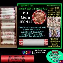 THIS AUCTION ONLY! BU Shotgun Lincoln 1c roll, 1994-d 50 pcs Plus one bonus random date BU roll! Ban