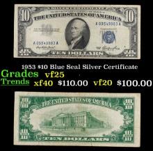 1953 $10 Blue Seal Silver Certificate Grades vf+