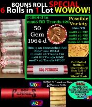 THIS AUCTION ONLY! BU Shotgun Lincoln 1c roll, 1964-d 50 pcs Plus THREE bonus random date BU roll! B