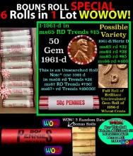 THIS AUCTION ONLY! BU Shotgun Lincoln 1c roll, 1961-d 50 pcs Plus THREE bonus random date BU roll! B