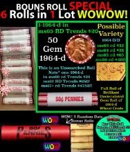 THIS AUCTION ONLY! BU Shotgun Lincoln 1c roll, 1964-d 50 pcs Plus THREE bonus random date BU roll! B