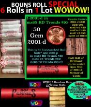 THIS AUCTION ONLY! BU Shotgun Lincoln 1c roll, 2001-d 50 pcs Plus FIVE bonus random date BU roll! Ba