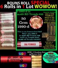 THIS AUCTION ONLY! BU Shotgun Lincoln 1c roll, 1990-d 50 pcs Plus FIVE bonus random date BU roll! Ba