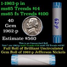 BU Shotgun Jefferson 5c roll, 1962-p 40 pcs Bank $2 Nickel Wrapper