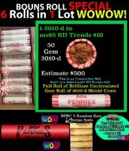 THIS AUCTION ONLY! BU Shotgun Lincoln 1c roll, 2010-d 50 pcs Plus FIVE bonus random date BU roll! Ba