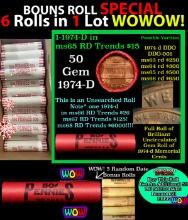 THIS AUCTION ONLY! BU Shotgun Lincoln 1c roll, 1974-d 50 pcs Plus FIVE bonus random date BU roll! Ba