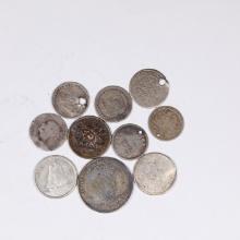 Group of 10 Coins, 1 Bolivar, 2x Canada 10c, Newfoundland 5c, 1/4 Bolivar, 50 Centimes, Others