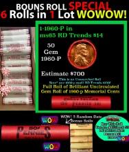 THIS AUCTION ONLY! BU Shotgun Lincoln 1c roll, 1960-p 50 pcs Plus FIVE bonus random date BU roll! Ba