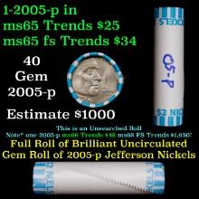 BU Shotgun Jefferson 5c roll, 2005-p Ocean 40 pcs Bank $2 Nickel Wrapper