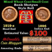 Small Cent Mixed Roll Orig Brandt McDonalds Wrapper, 1919-d Lincoln Wheat end, 1896 Indian other end