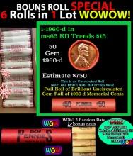 THIS AUCTION ONLY! BU Shotgun Lincoln 1c roll, 1960-d 50 pcs Plus FIVE bonus random date BU roll! Ba