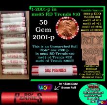 THIS AUCTION ONLY! BU Shotgun Lincoln 1c roll, 2001-p 50 pcs Plus one bonus random date BU roll! Ban