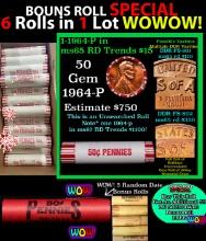 THIS AUCTION ONLY! BU Shotgun Lincoln 1c roll, 1964-p 50 pcs Plus FIVE bonus random date BU roll! Ba