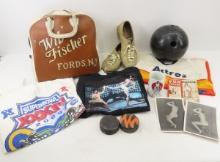 Vintage bowling bag, ball, shoes, adult ephemera