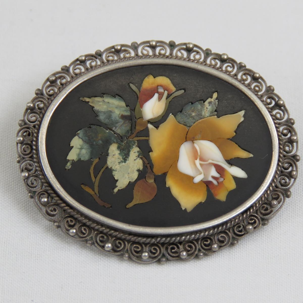 Antique Pietra Dura 800 Silver Brooch