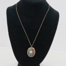 Antique Pietra Dura Pendant on 9K Gold Chain