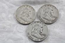 3 Franklin Half Dollars 1951S, 1954D & 1958D