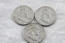 3 Franklin Half Dollars 1962D, 1951 1958D