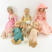 2 Compo Head Boudoir, 2 Googly Eye & 3 Other Doll