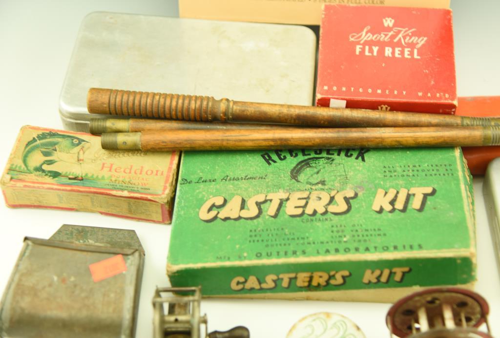 Lot 3310 - Vintage fishing lot: vintage Reelslick Caster’s Kit in original box, tin fly boxes,