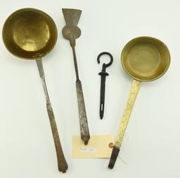 Lot #355 - (2) Early 19th Century brass dipper/ ladles with cast iron handles and one spatula