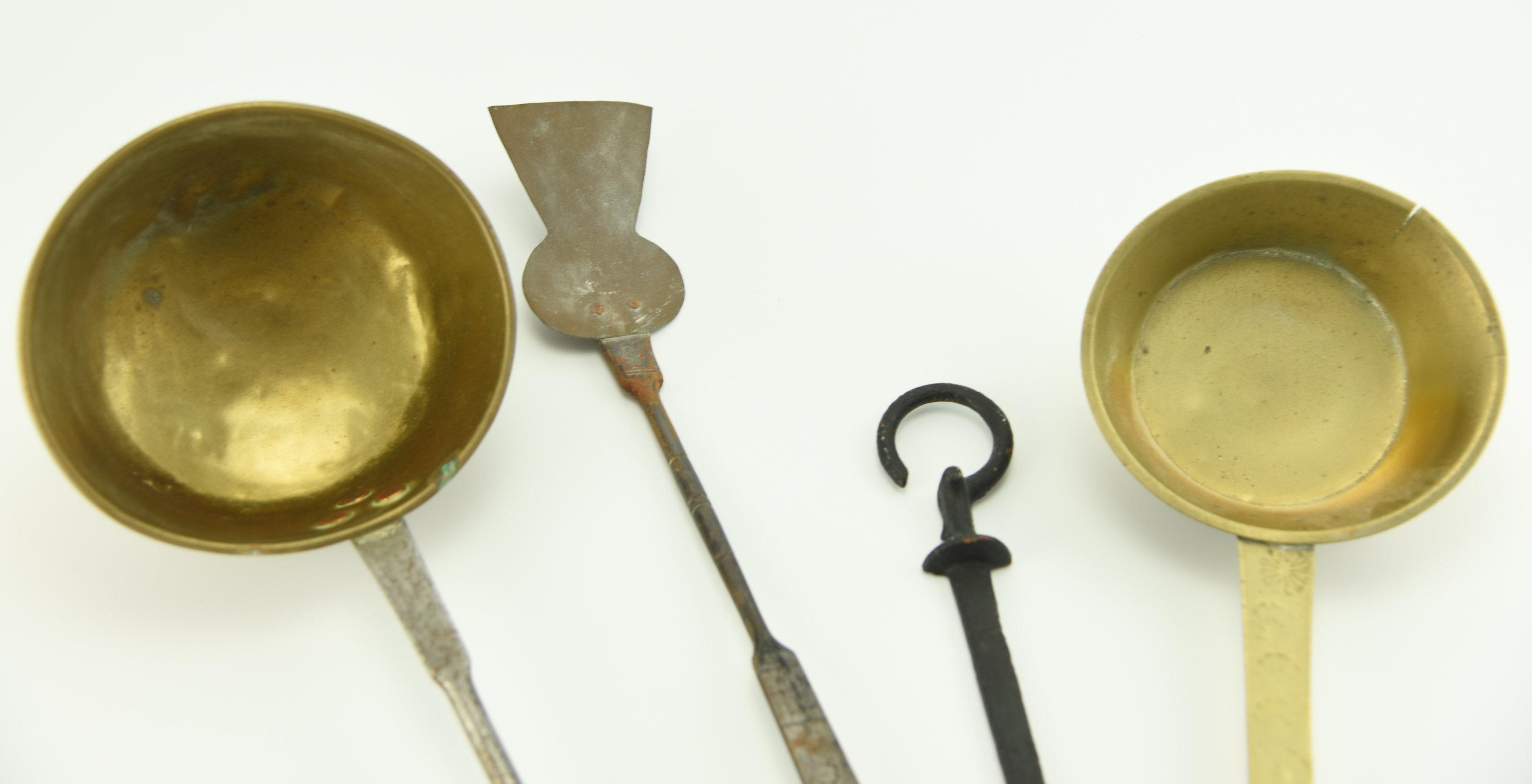 Lot #355 - (2) Early 19th Century brass dipper/ ladles with cast iron handles and one spatula
