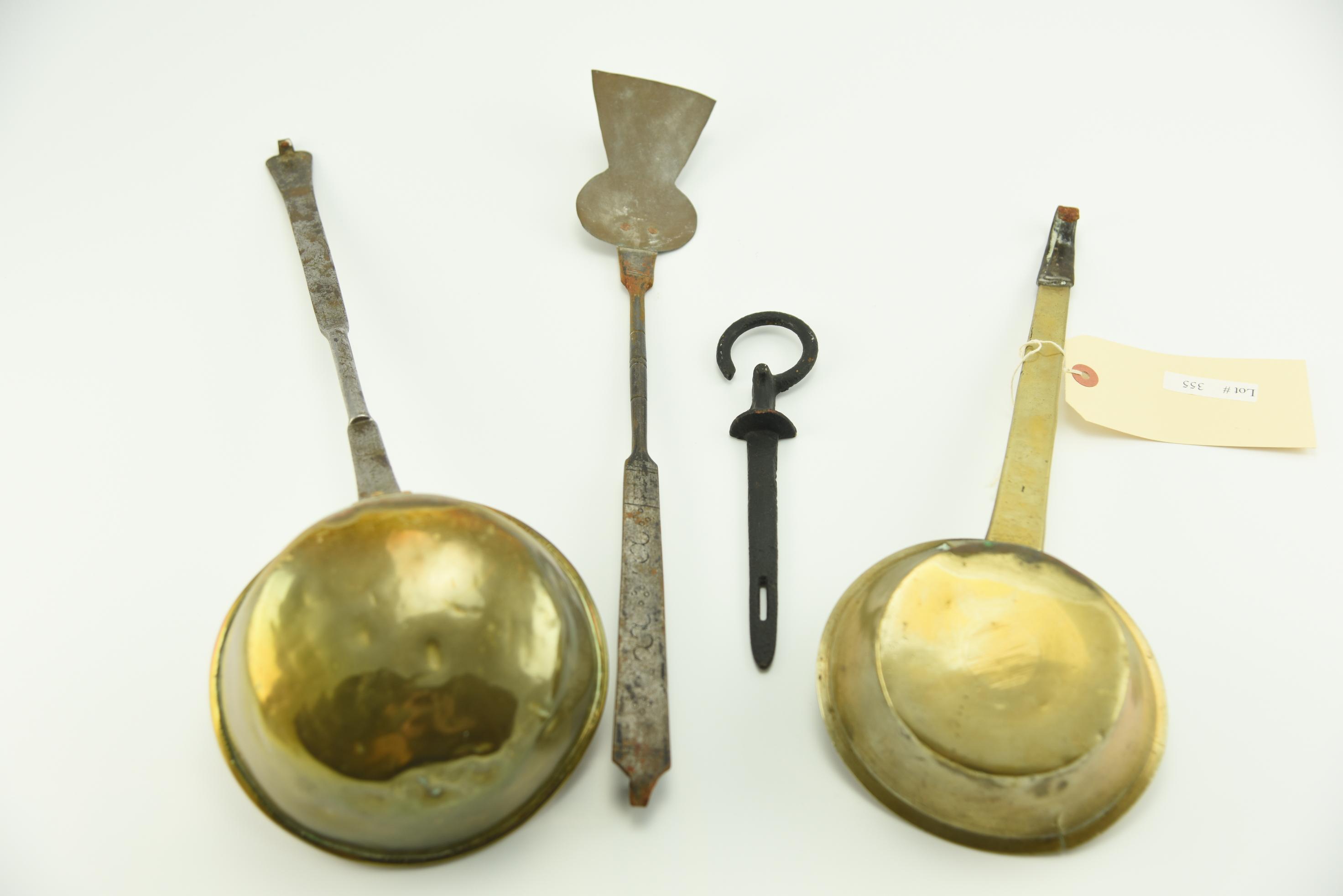 Lot #355 - (2) Early 19th Century brass dipper/ ladles with cast iron handles and one spatula