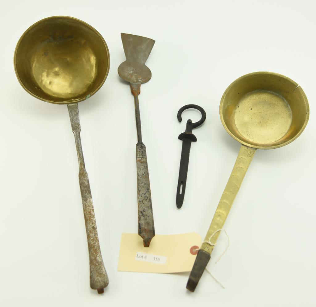 Lot #355 - (2) Early 19th Century brass dipper/ ladles with cast iron handles and one spatula