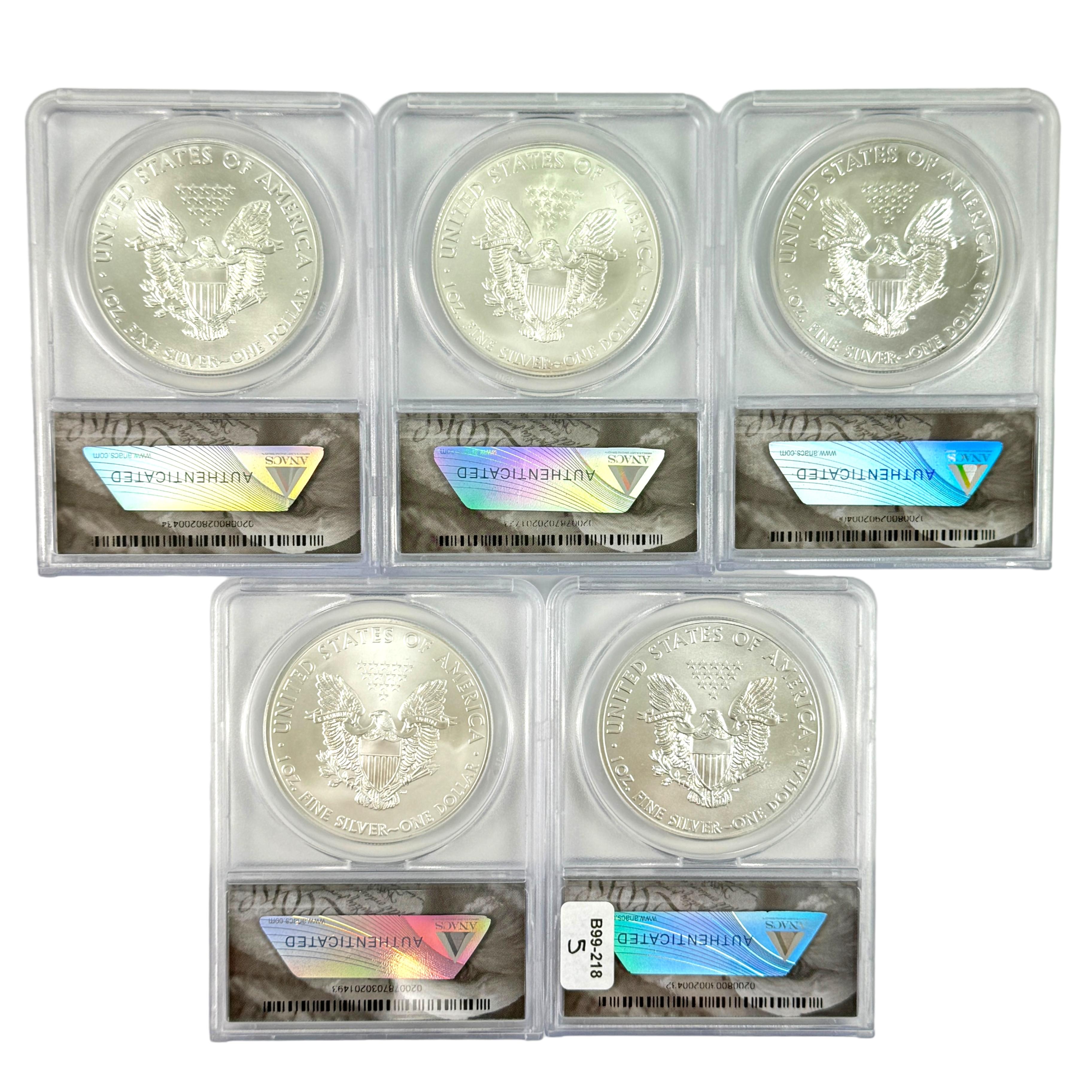 Lot of 5 different certified 2013-2015 U.S. American Eagle silver dollars including special issues