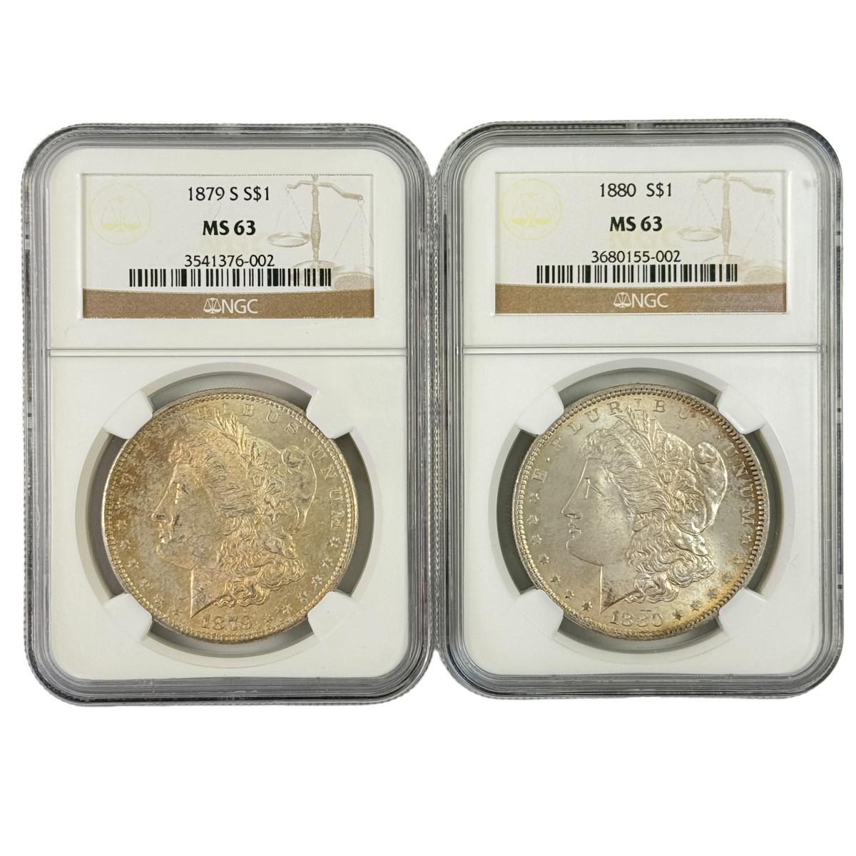 Pair of certified U.S. Morgan silver dollars