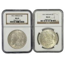 Pair of certified 1921 U.S. Morgan silver dollars