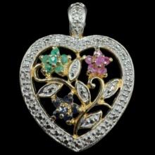 Estate sterling silver gold-accented diamond, emerald, ruby & sapphire pendant