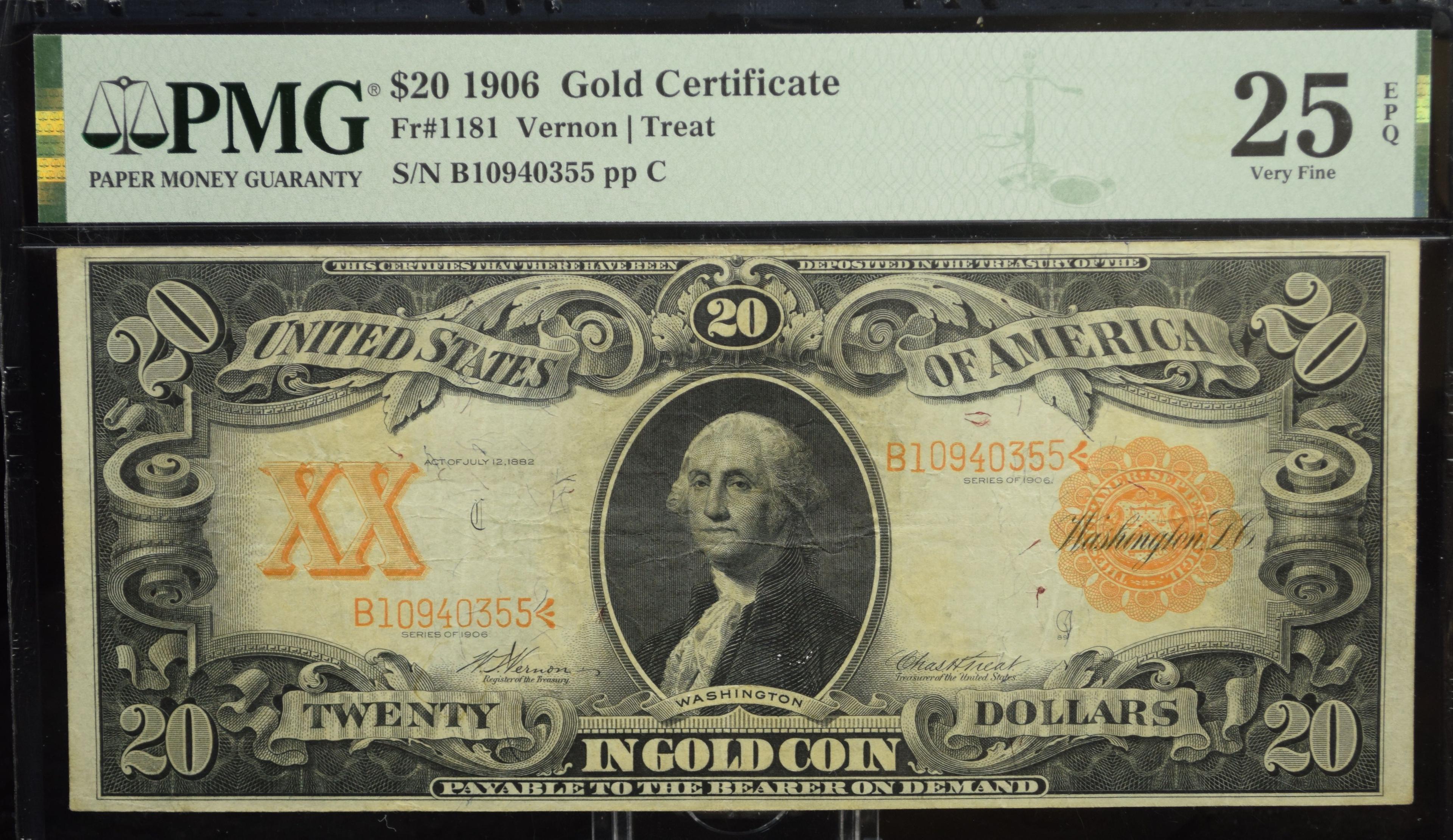 $20 1906 Gold Certificate B10940355 PMG25EPQ Very Fine