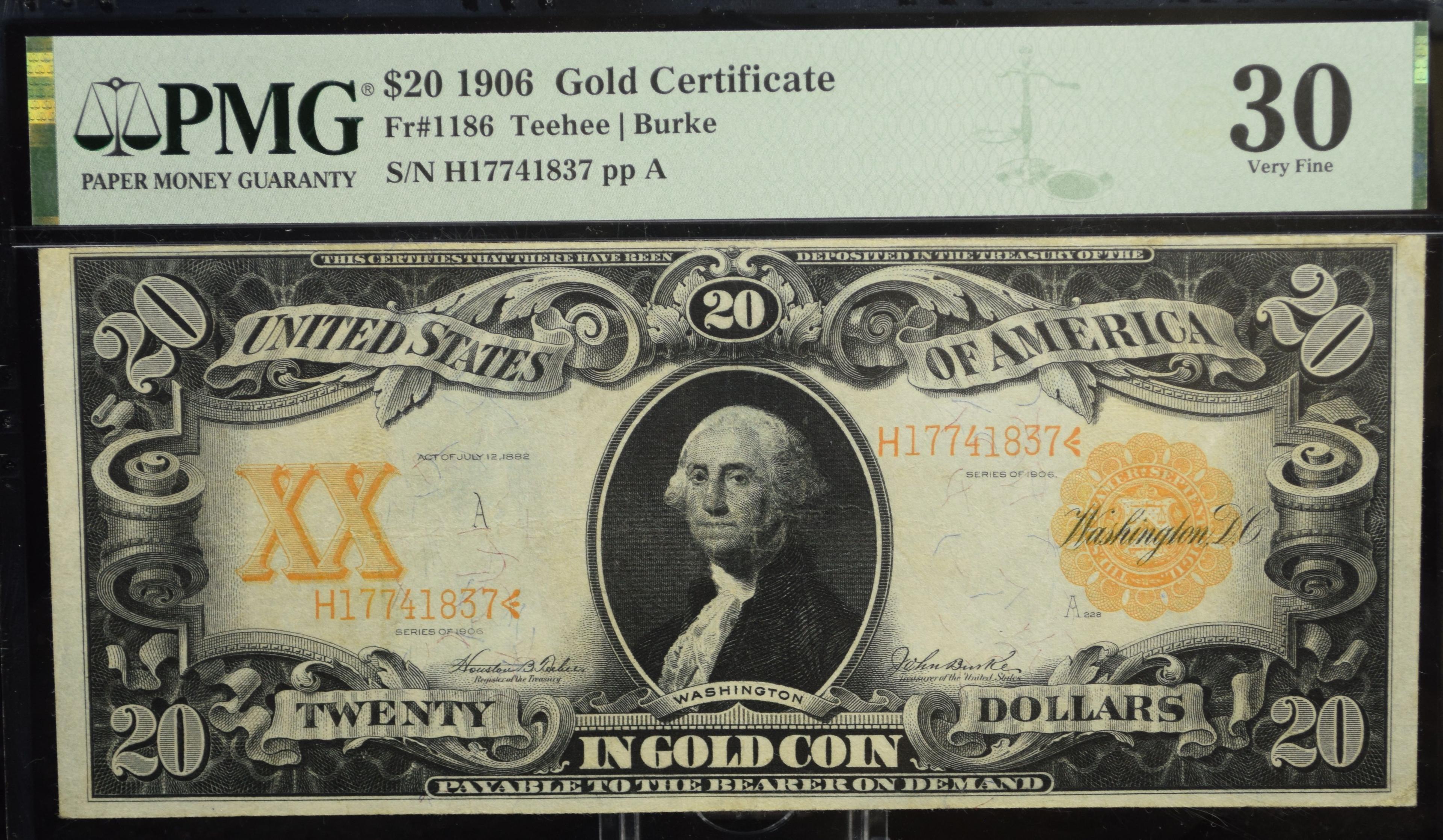 $20 1906 Gold Certificate H17741837 PMG30 Very Fine