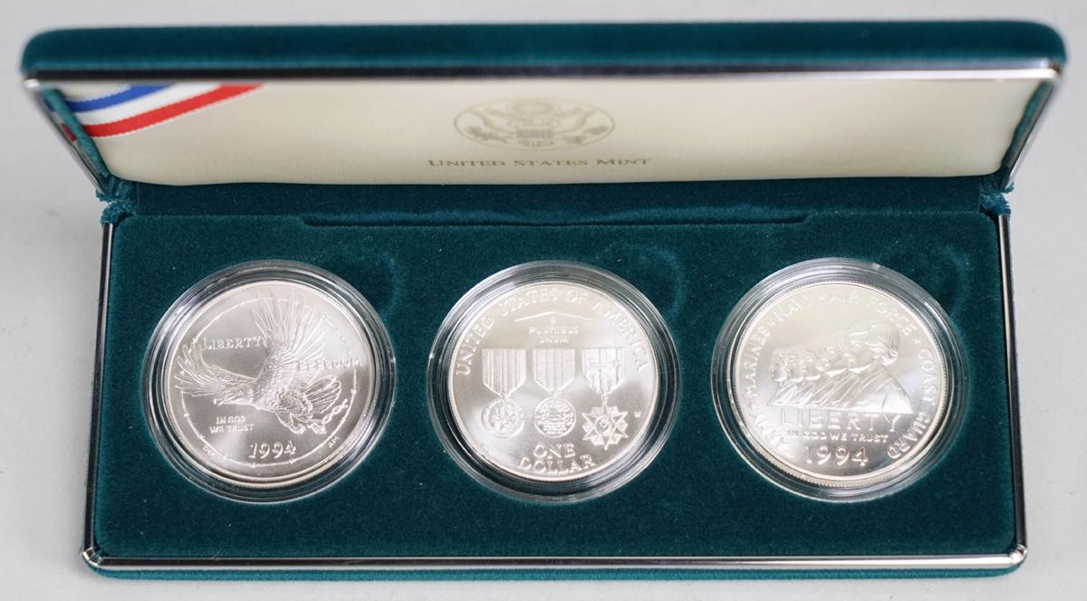 1994 U.S. Veterans Commemorative Silver Dollars, 3 Coin Set