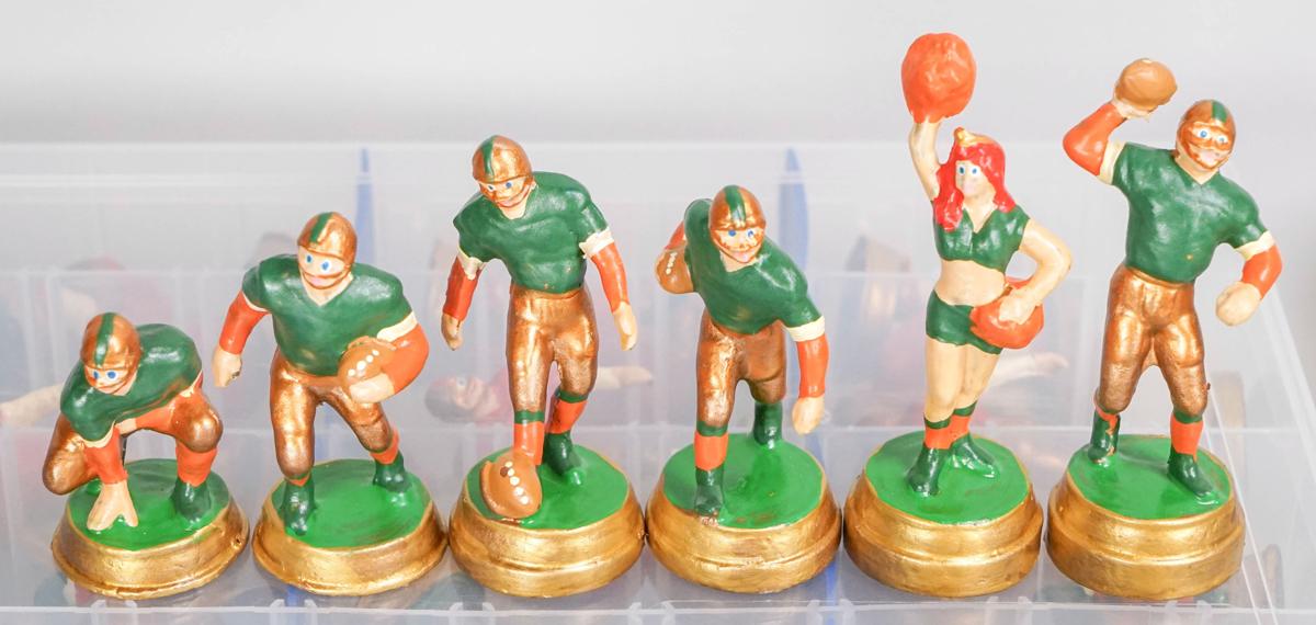 4 Sets of Hand Cast Chessmen;  Football (Green Shirt), Neapolitan & More