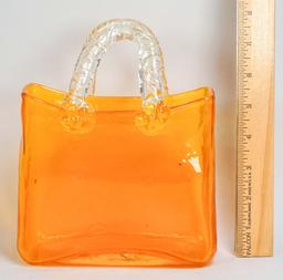 Amber Colored Glass Purse Vase W/Clear Handles