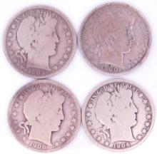 Barber Silver Half Dollar Coins, (4)