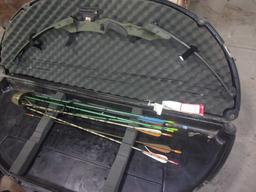 LEFT HAND COMP BOW/CASE & ARROWS, LANTERN, BACKPACK, HARD GUN CASE