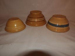 3 yellow ware multi stripe bowls