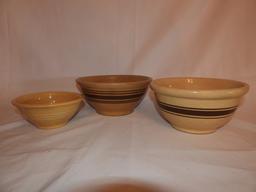 3 crockery bowls, 9 1/4"x 8 1/4", 6 1/4"
