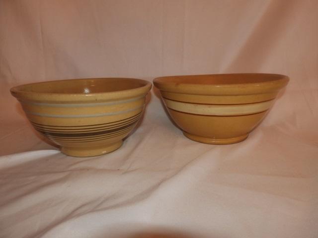 2 crockery bowls, multi stripe, 13", 11"