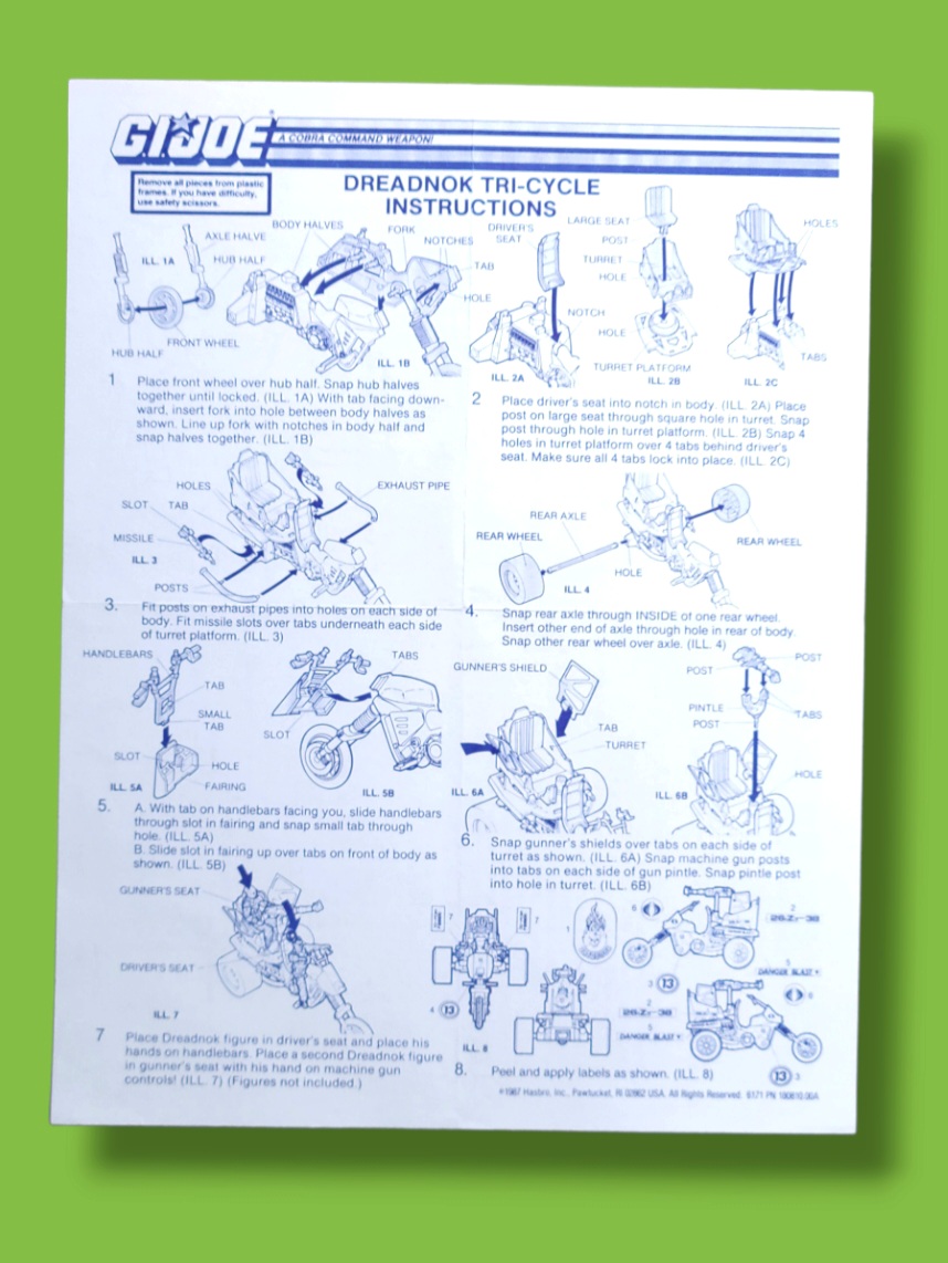 GI Joe Dreadnok Tri-Cycle Motorcycle Vehicle Toy Vintage Hasbro Blueprints/Instructions